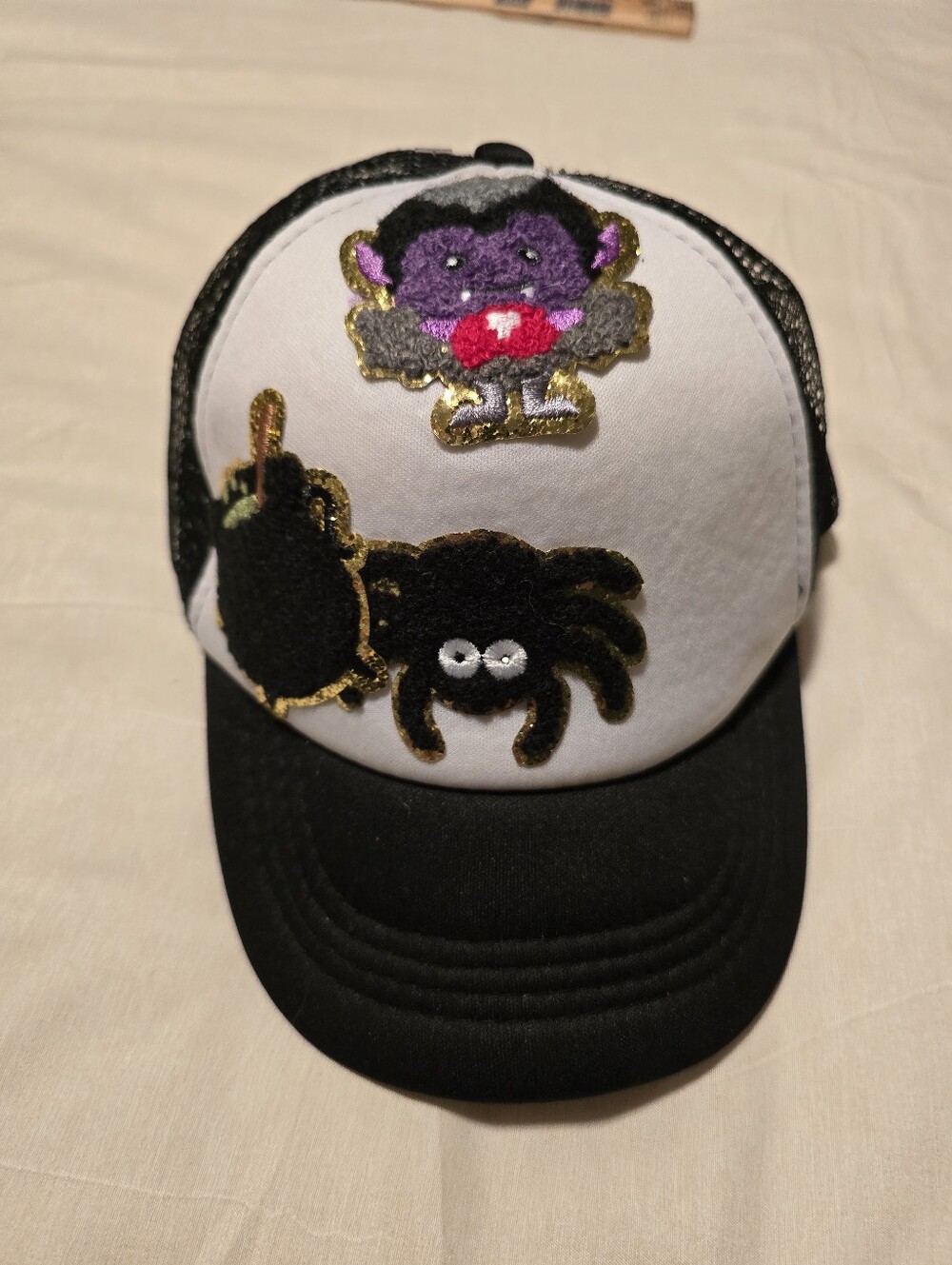 Kids Halloween Patch Trucker Hat | Vampire Spider Cauldron Spooky Snapback Cap